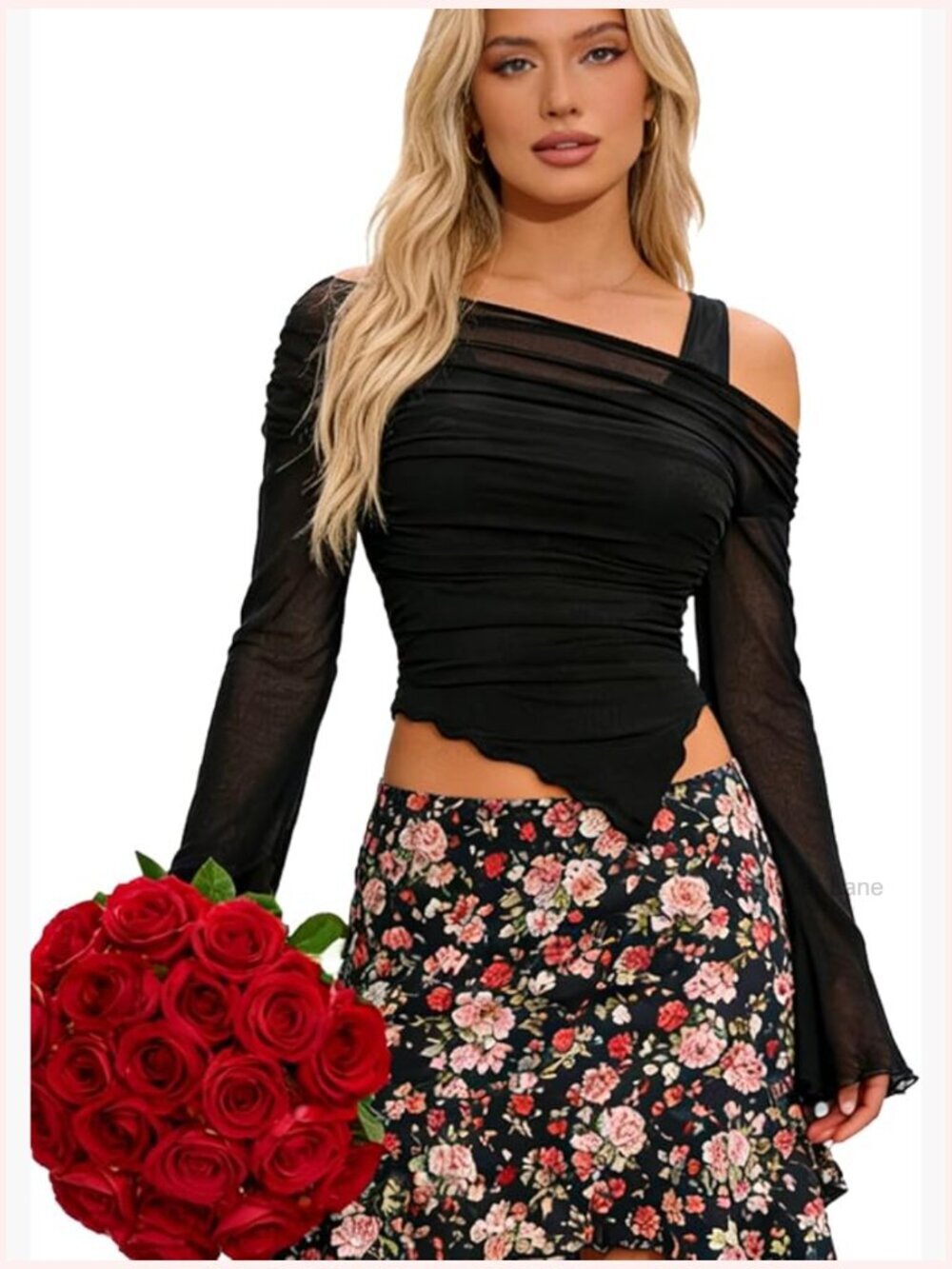 Sheer Mesh Long Sleeve Crop Top Asymmetrical Hem Y2K Going Out